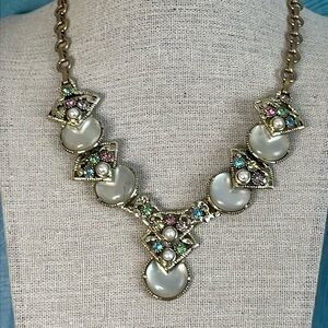 Vintage Selro Selini link necklace faux pearls, MOP pastel rhinestones goldtone